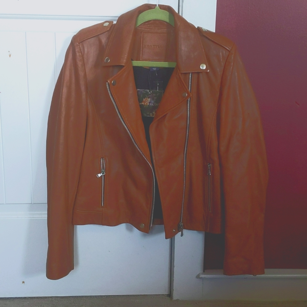 Women's tan biker style leather jacket